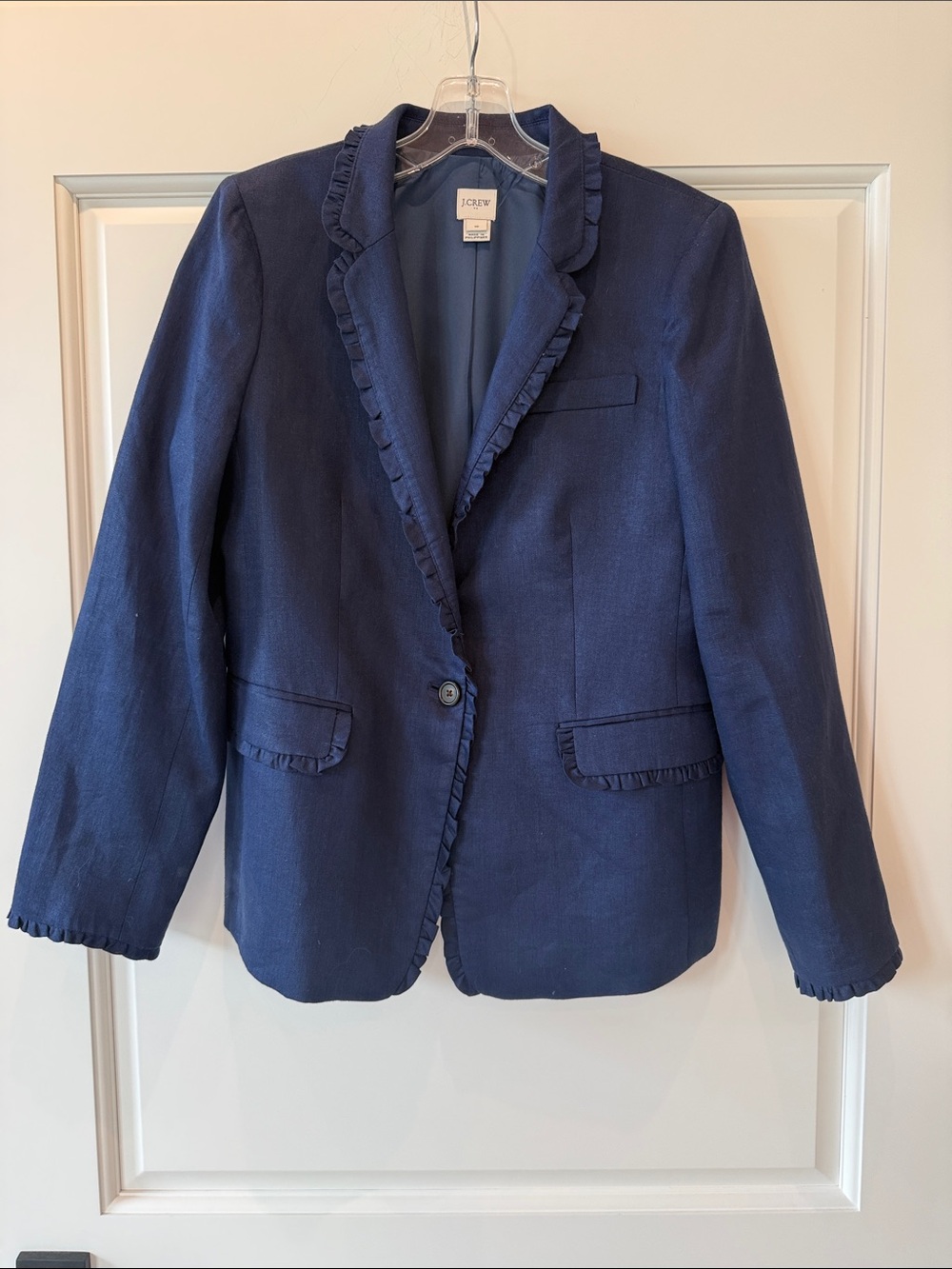 J. Crew Navy Ruffle-Trim Single-Button Linen Blazer - Size 10